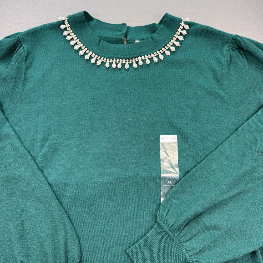 Liz Claiborne Crew Neck Sweater NEW Rhinestone Faux Pearl Neckline Green Sz XL